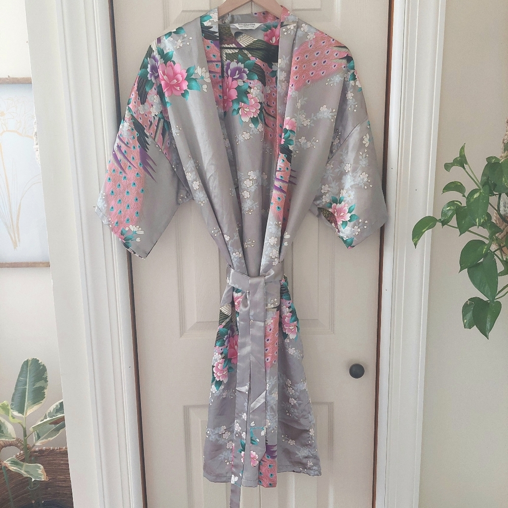 Singapore Silk Collection Pink Lotus Peacock Kimono Robe! (D)